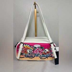 Ed Hardy  White Pink Faux Leather Shoulder Bag Crystal Skull Tattoo Y2K NWT
